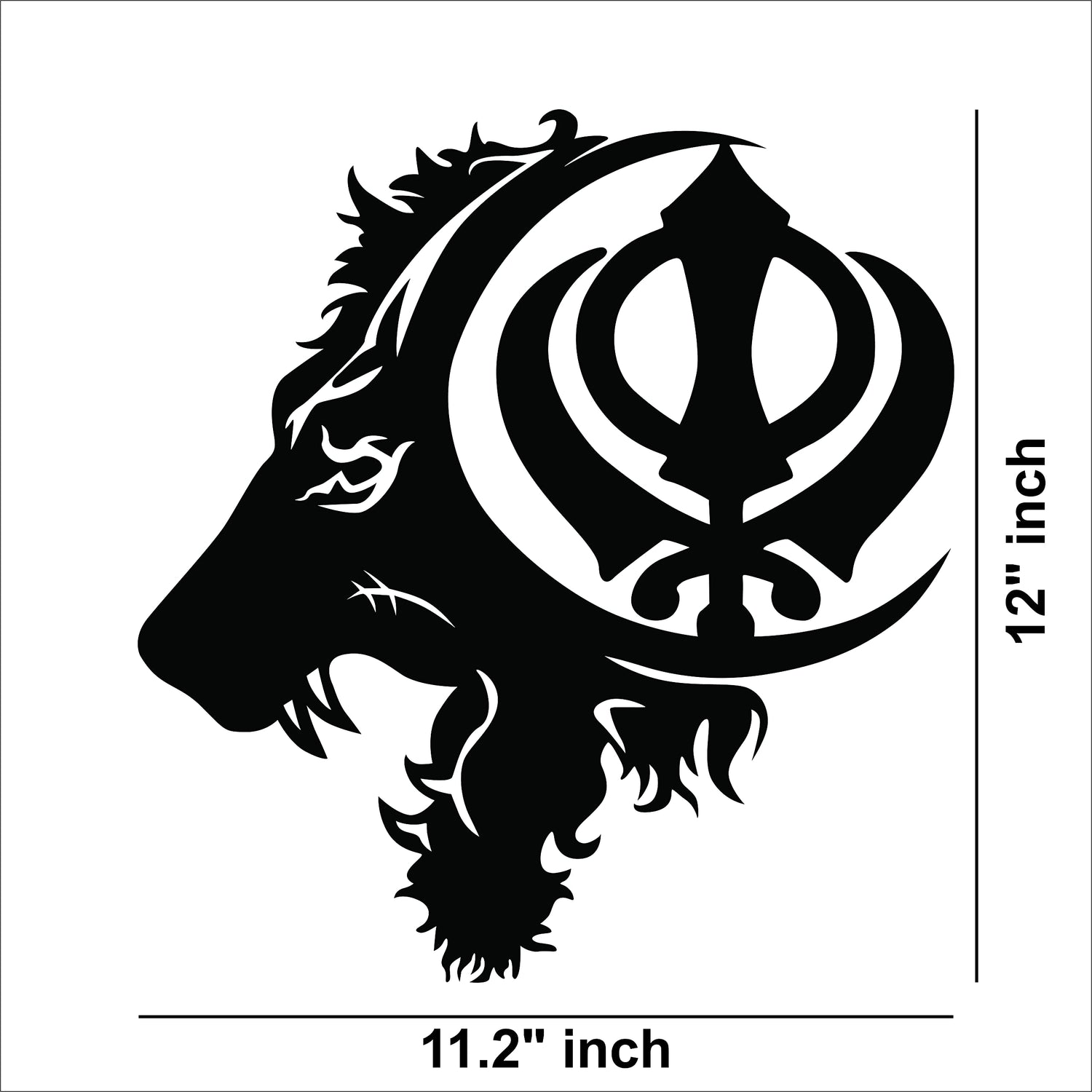 Black MDF wall art featuring a lion's profile with a Khalsa symbol, showing the size of the product that is 12 inch by 11.2 inch.
