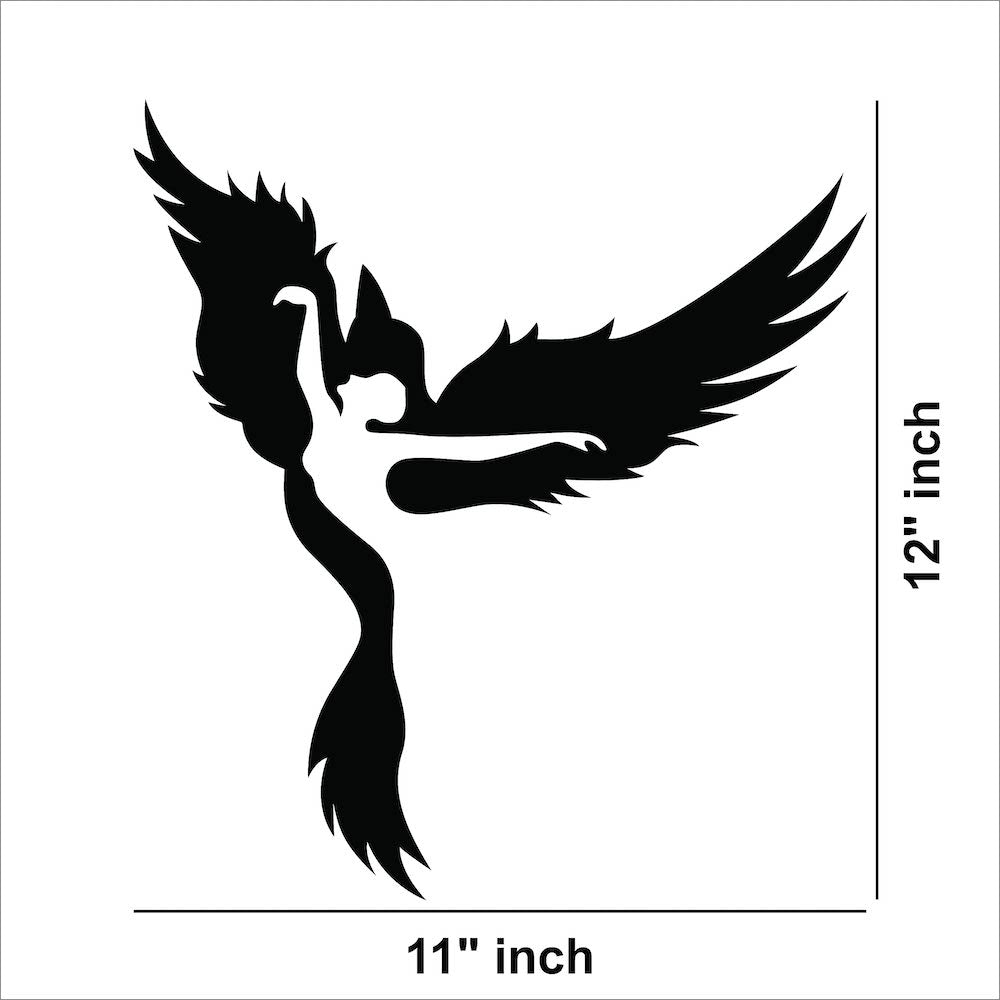 Black MDF wall art showcasing a girl transforming into a bird, symbolizing freedom, showing the dimensions of the product with 12 inch by 11 inch dimensions.