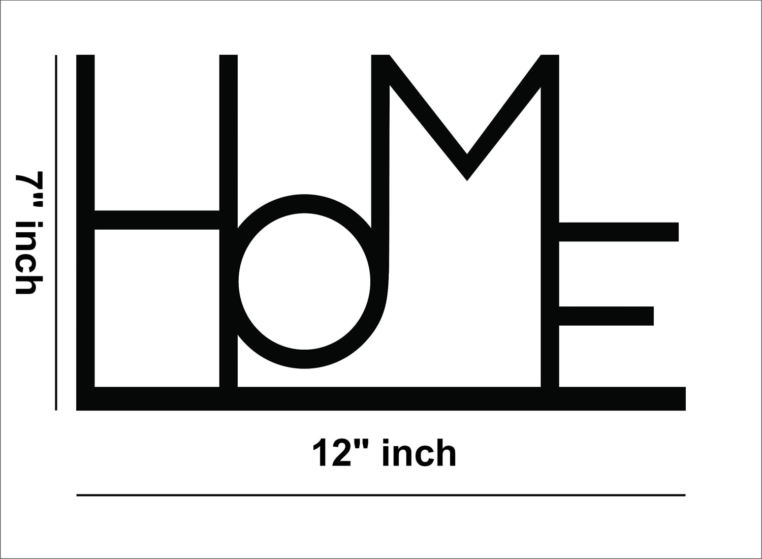 Minimalist black 'Home' wall decor showing the size of the product that is 7 inch by 12 inch.