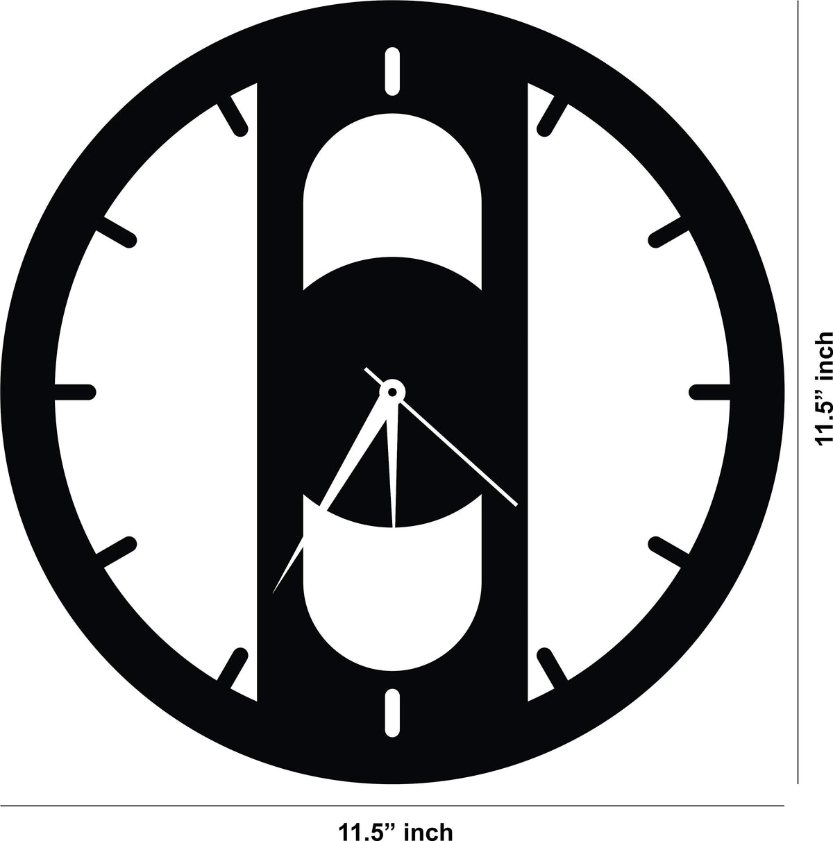Black MDF Round Wall Clock indicating the size of the clock that is 11.5 inch in diameter
