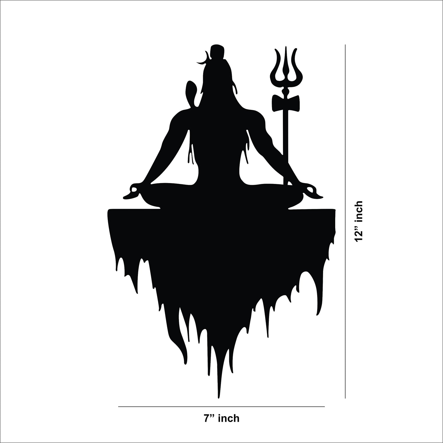 Black Lord Shiva wall art featuring a meditative silhouette of Shiva with a Trishul, the image shows the dimensions of the product that is 12 inch by 7 inch.