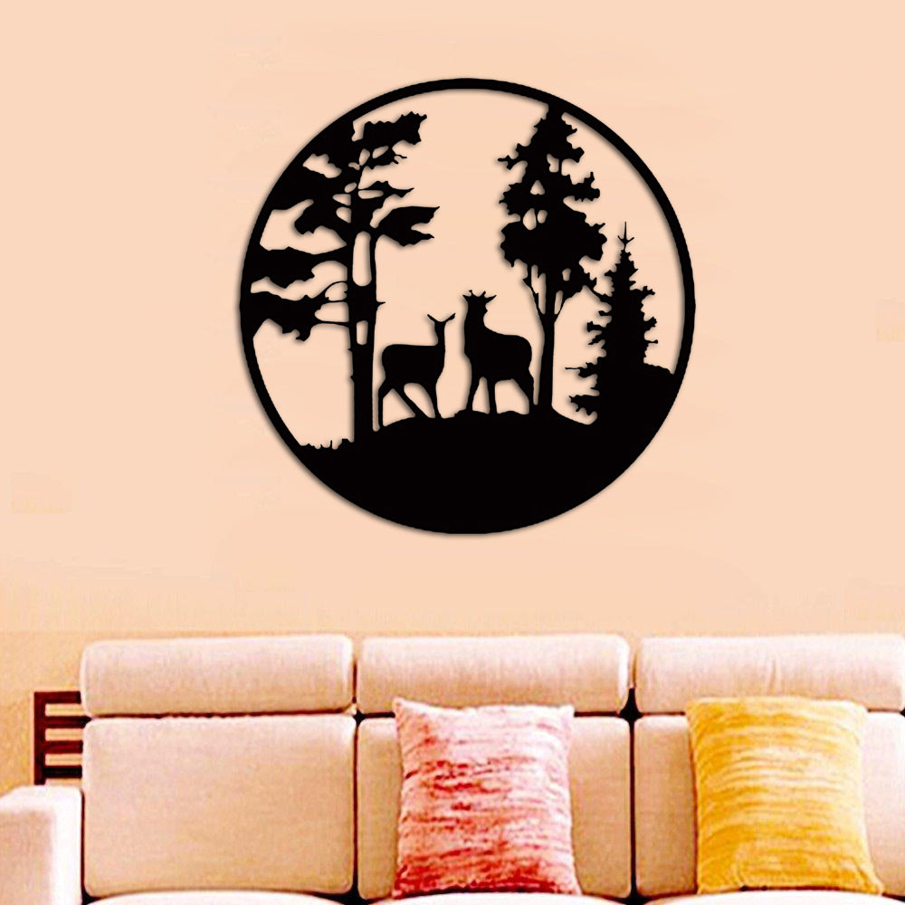 Round MDF wall art featuring a serene forest scene with two deer surrounded by trees