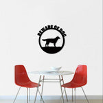 Black circular warning board for entrance featuring a dog silhouette and the text 'BEWARE OF DOG'.