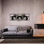 Three-panel MDF cat wall art featuring playful cat faces, ideal for modern living room decor.