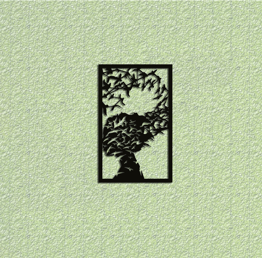 Artistic MDF wall art featuring a tree transforming into flying birds, enclosed in a black rectangular frame, perfect for modern home decor.