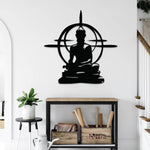 Minimalist Buddha wall art in black metal finish, featuring a meditative pose with a circular abstract background, mounted in a modern white hallway.