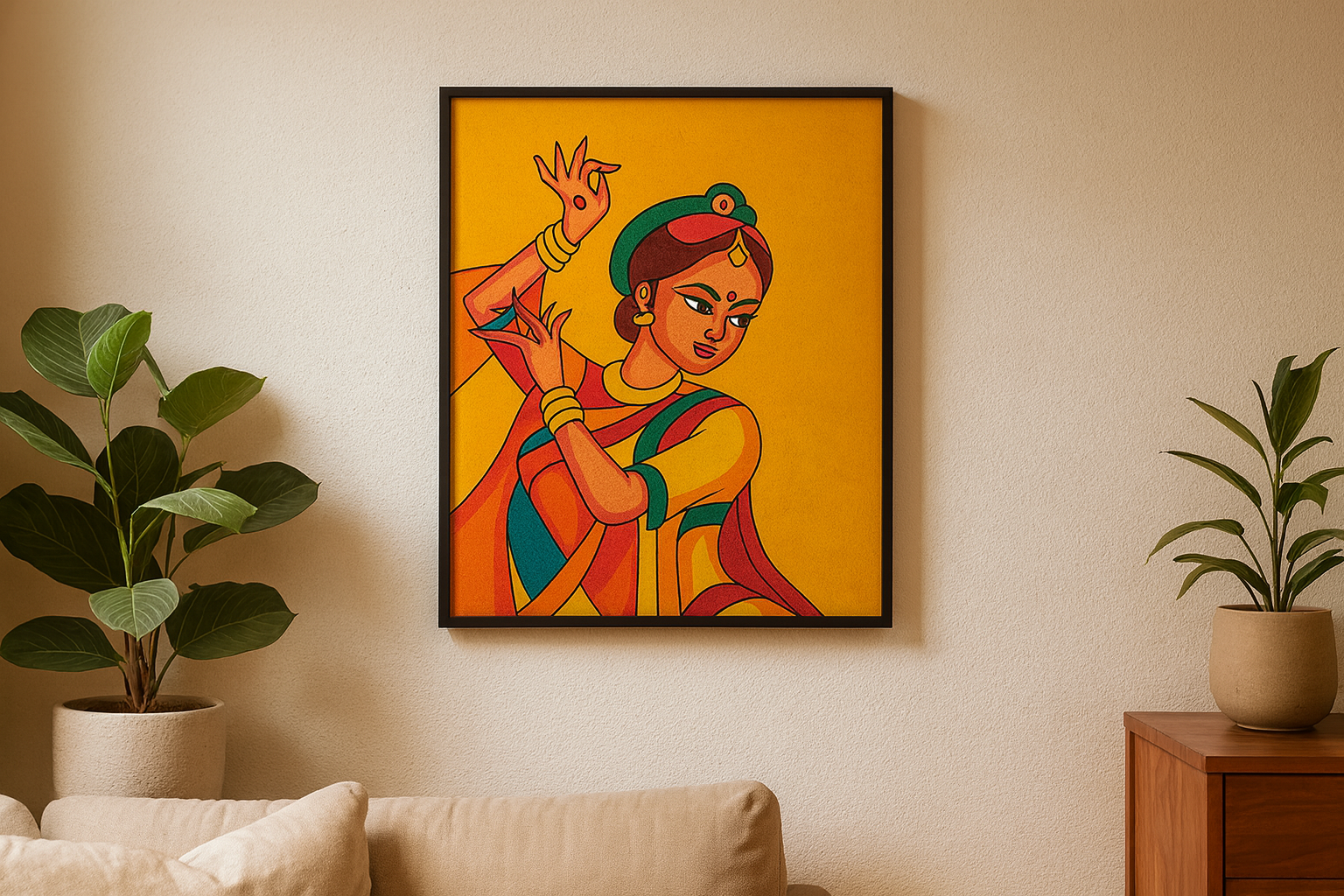 Traditional Indian classical dancer wall art framed on a beige living room wall, featuring a Bharatanatyam-inspired figure in vibrant yellow, orange, and green tones, styled as modern home décor with indoor plants on either side.