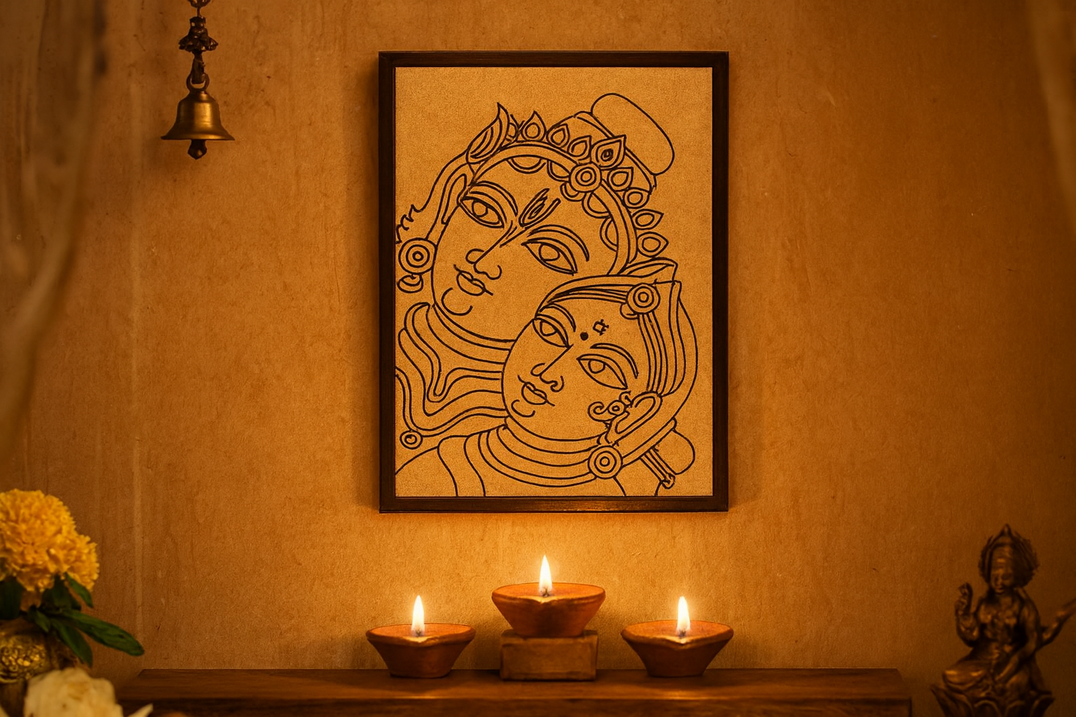 Framed wooden Radha Krishna wall art displayed on a warm-toned wall with lit diyas, creating a serene and traditional home décor setting.