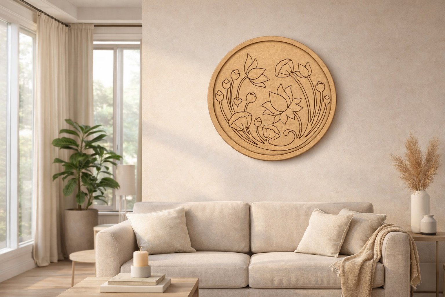 Round wooden floral wall art mounted above a beige sofa in a modern living room with neutral décor, indoor plants, and soft natural lighting