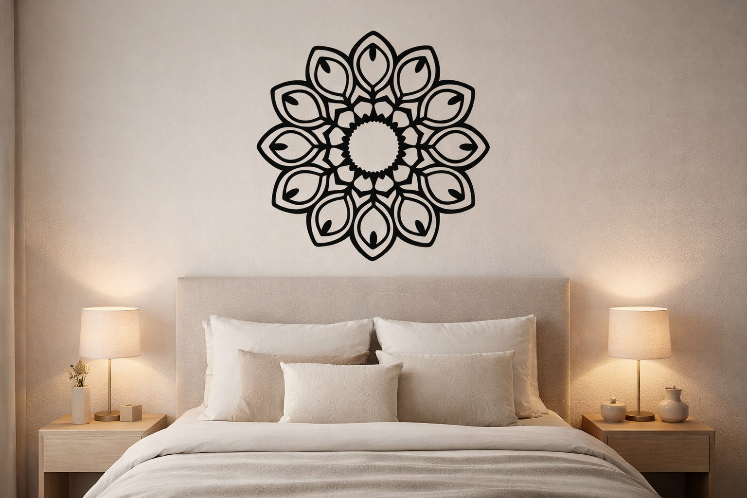 Intricate black floral mandala cutout design with symmetrical petal patterns, ideal for modern wall art, home decor, or laser-cut decorative panels.