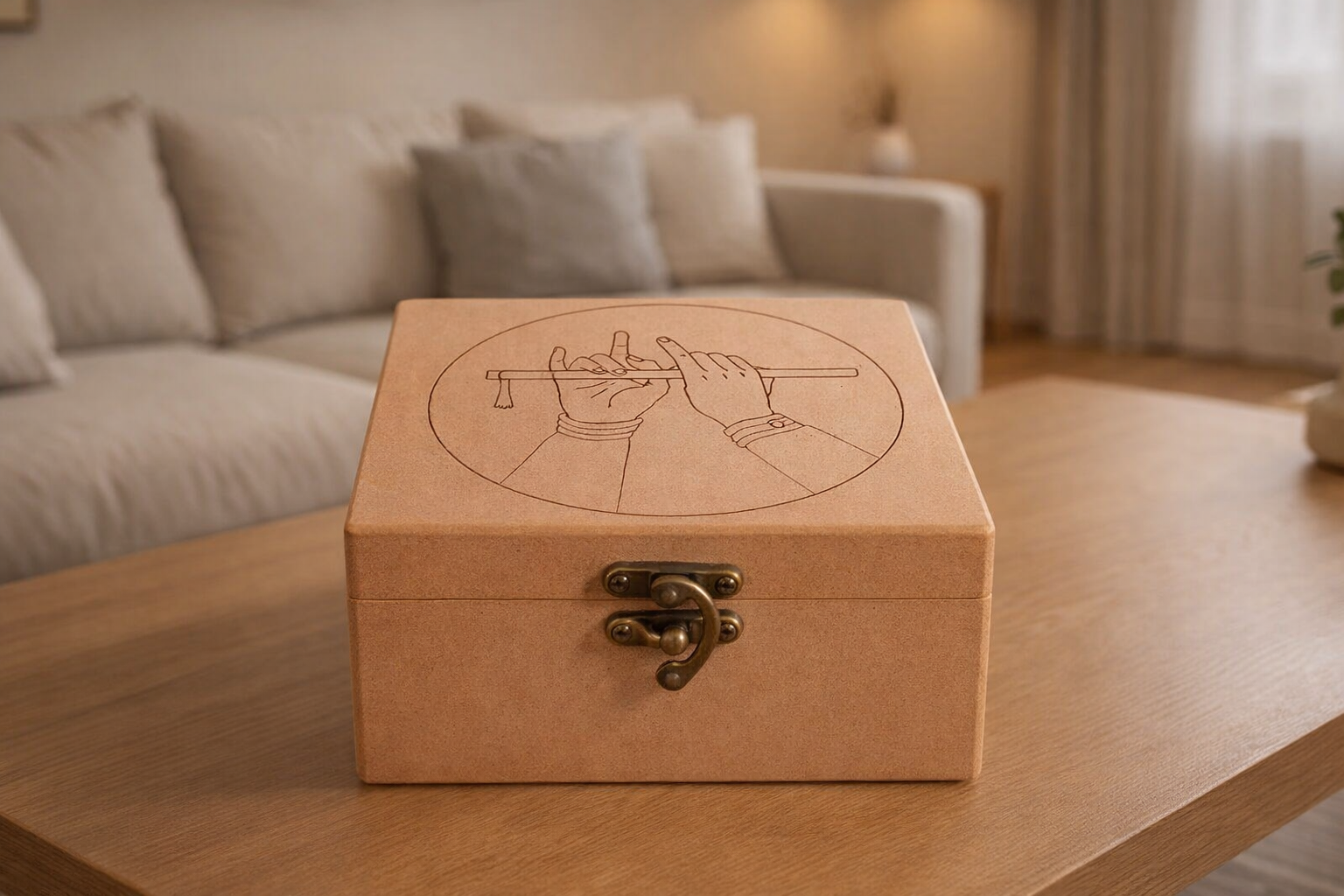 DIY MDF storage box with engraved hand flute design placed on a wooden table in a living area.