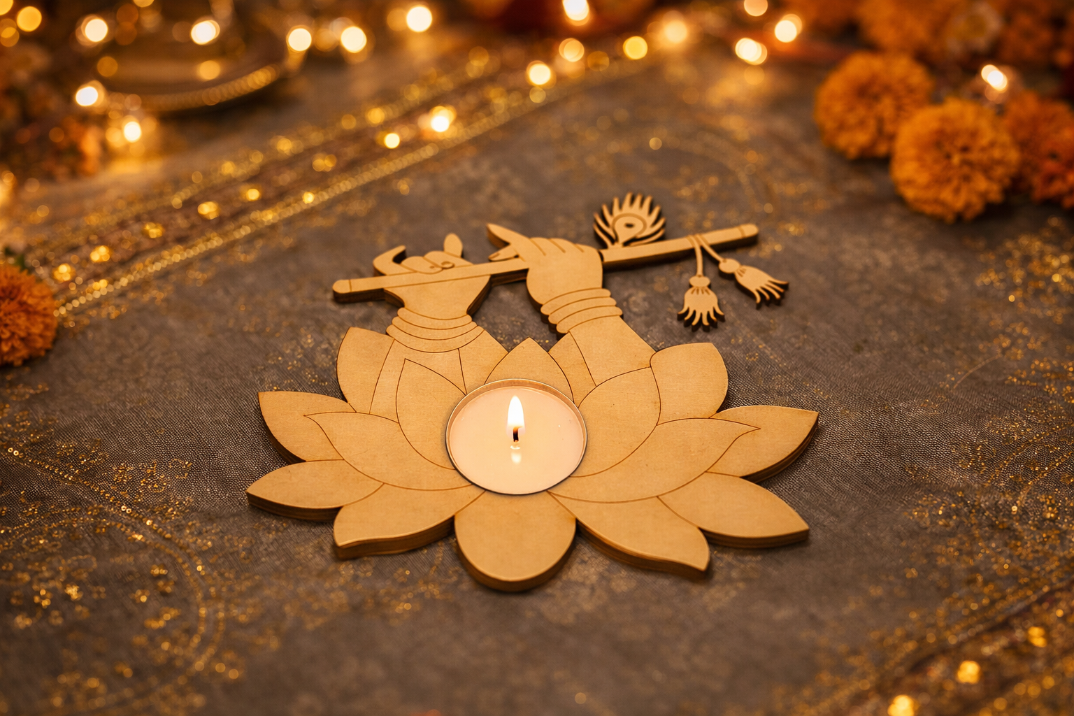 Wooden Krishna flute-themed tealight candle holder shaped like lotus petals, placed on a decorative festive table cloth with a lit candle in the center, creating a warm and traditional Diwali ambiance.
