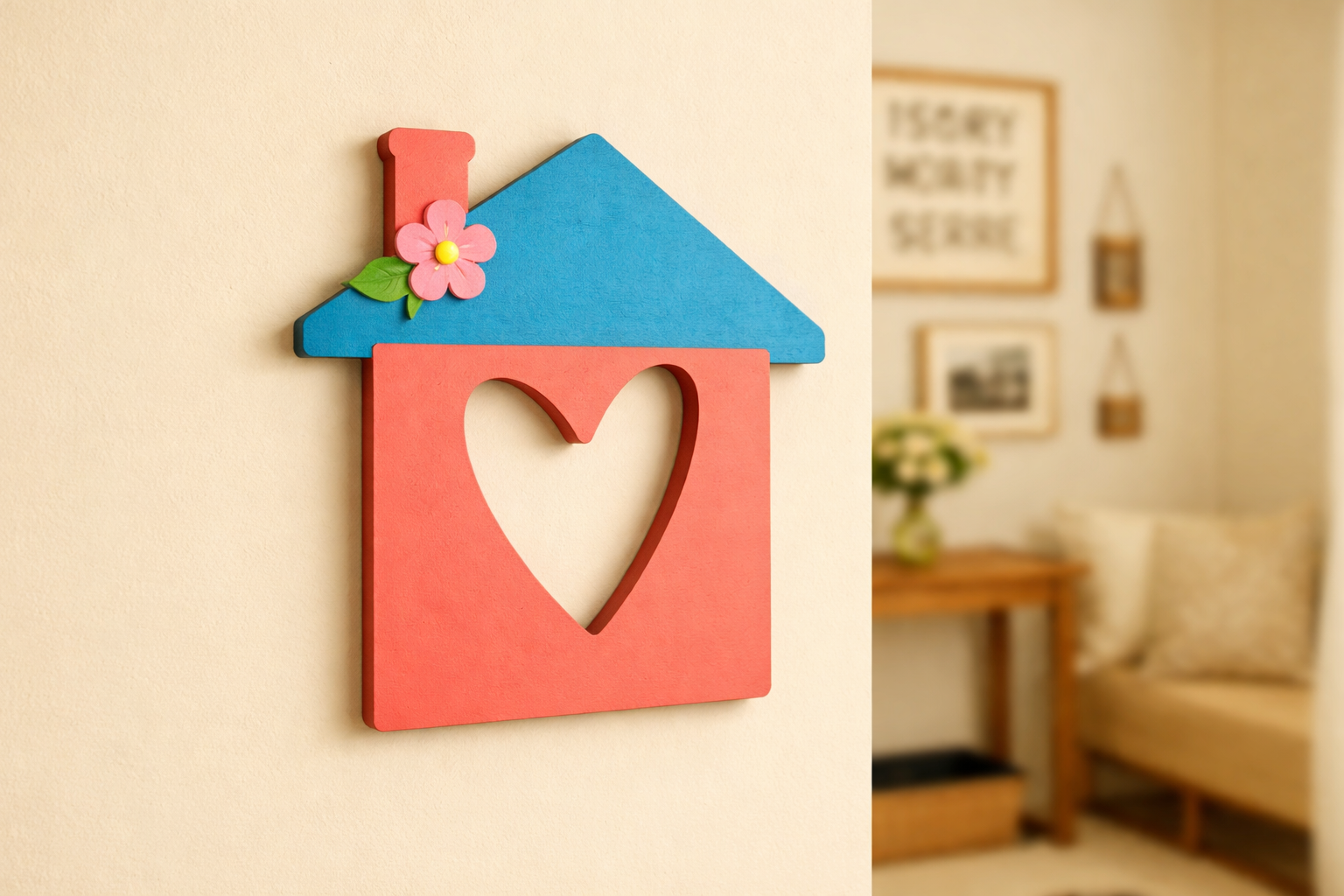 Colorful wooden house-shaped wall décor with a blue roof, coral body, and a heart cut-out in the center, decorated with a small pink flower, hanging on a beige wall in a cozy living room background.