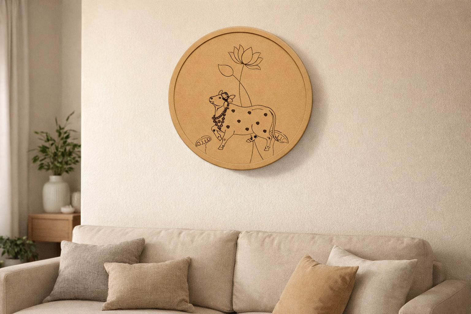 Round MDF wall art featuring a traditional cow and lotus illustration, displayed on a living room wall above a sofa with neutral décor and soft lighting.