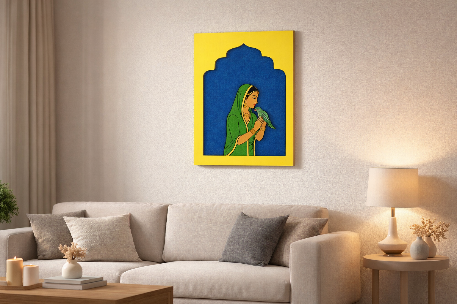 Traditional MDF jharokha wall décor featuring an Indian woman in a green sari holding a parrot, displayed in a yellow jharokha frame on a modern living room wall.