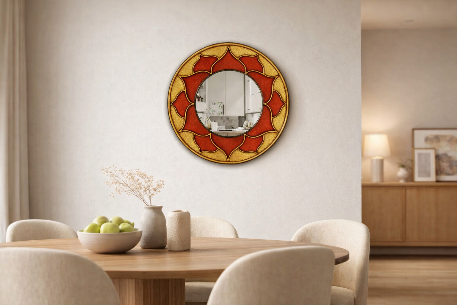 Decorative round MDF wall mirror with red and gold floral design, hanging on a dining room wall, ideal for home décor and interior styling.