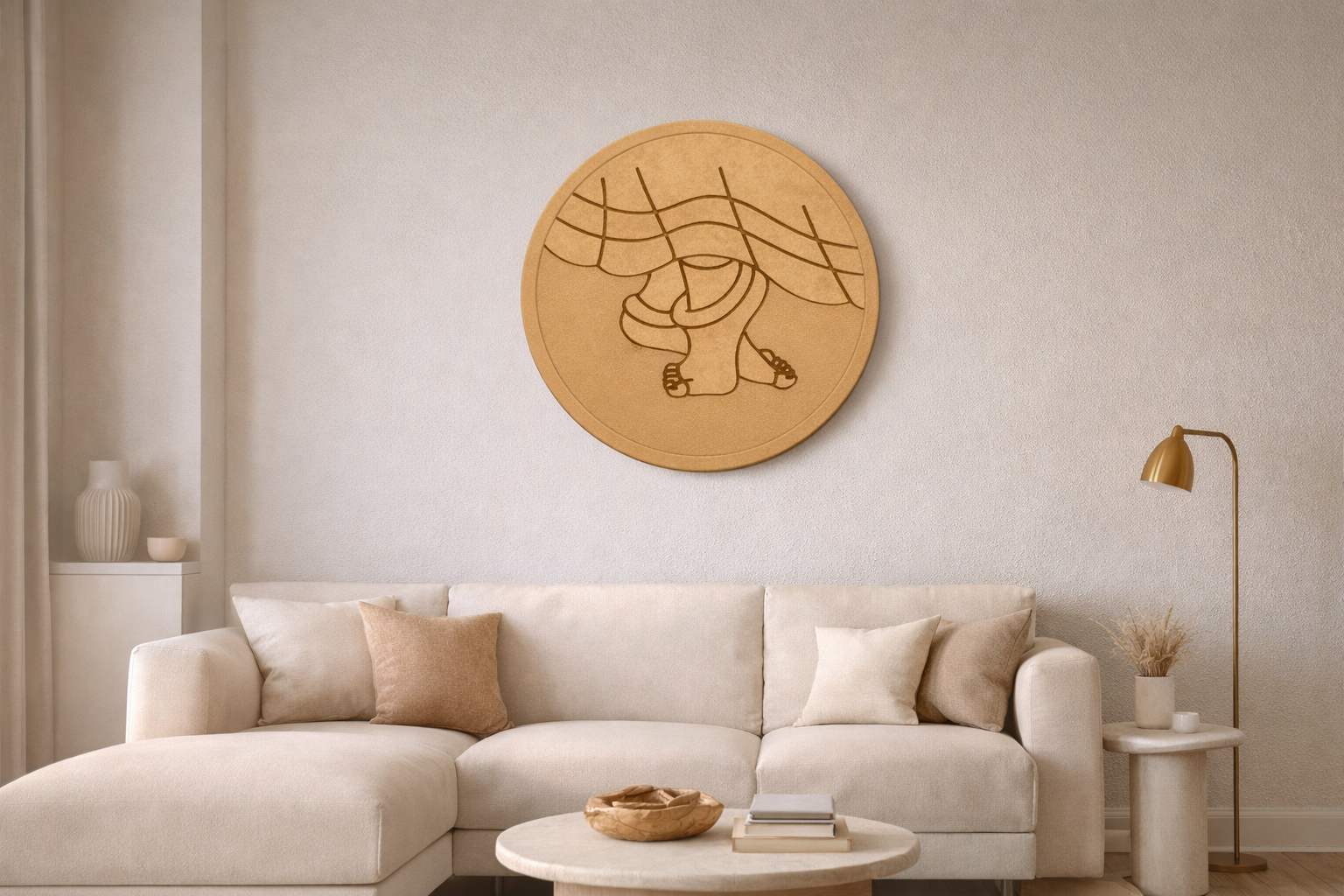 DIY wooden wall hanging mounted on a drawing room wall, featuring a circular handcrafted design with artistic detailing for elegant home décor.