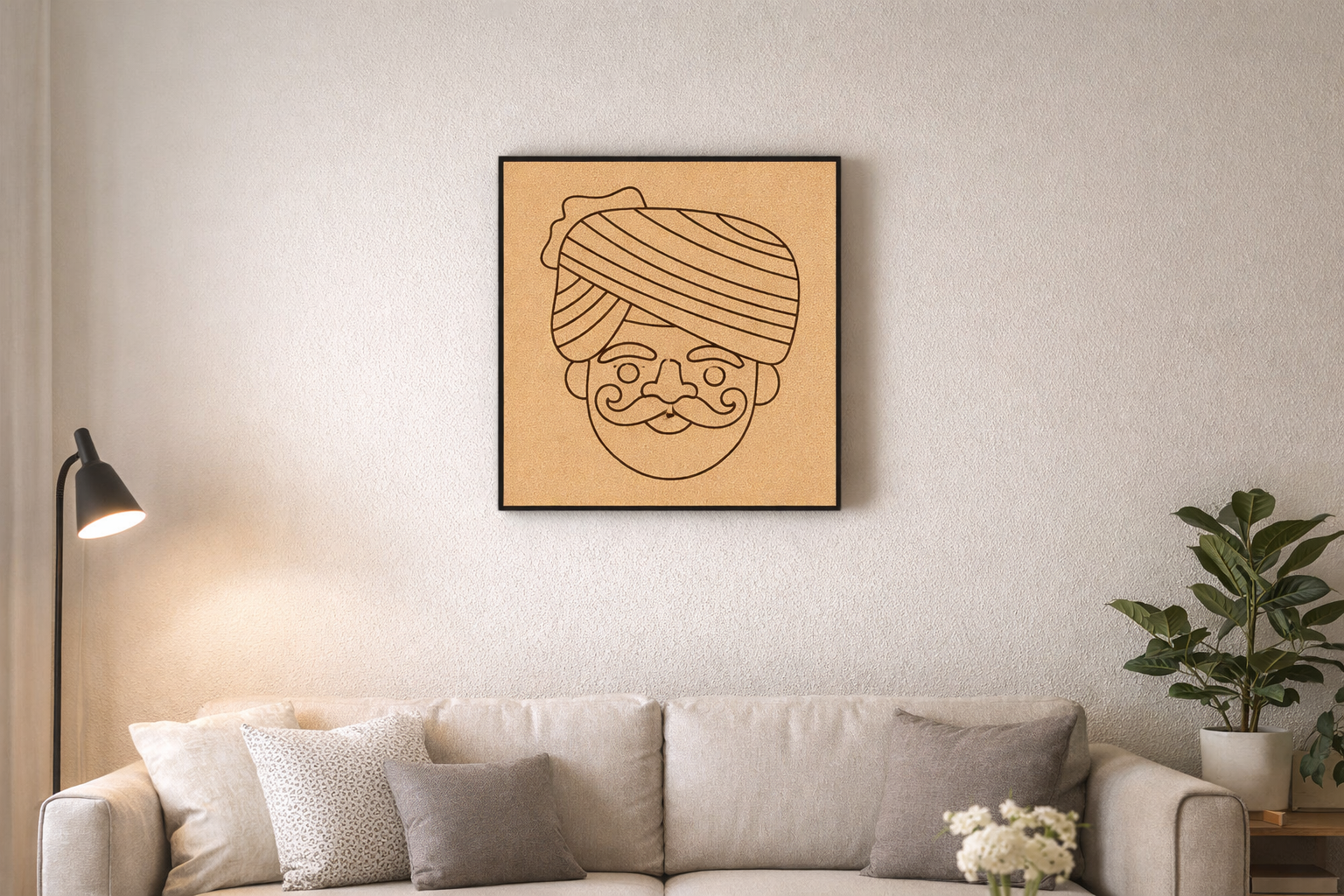 Handmade wooden wall art featuring a traditional Rajasthani man face design, elegantly hung on a living room wall as decorative home décor.