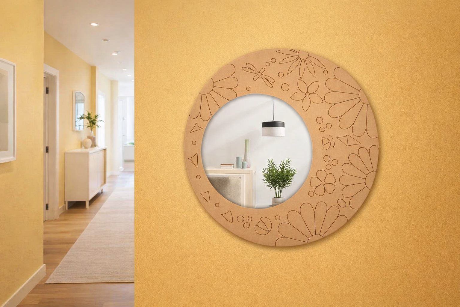 Round decorative MDF crafted mirror with floral engraved frame, wall-mounted on a yellow hall wall, enhancing modern home décor with a stylish and elegant look.