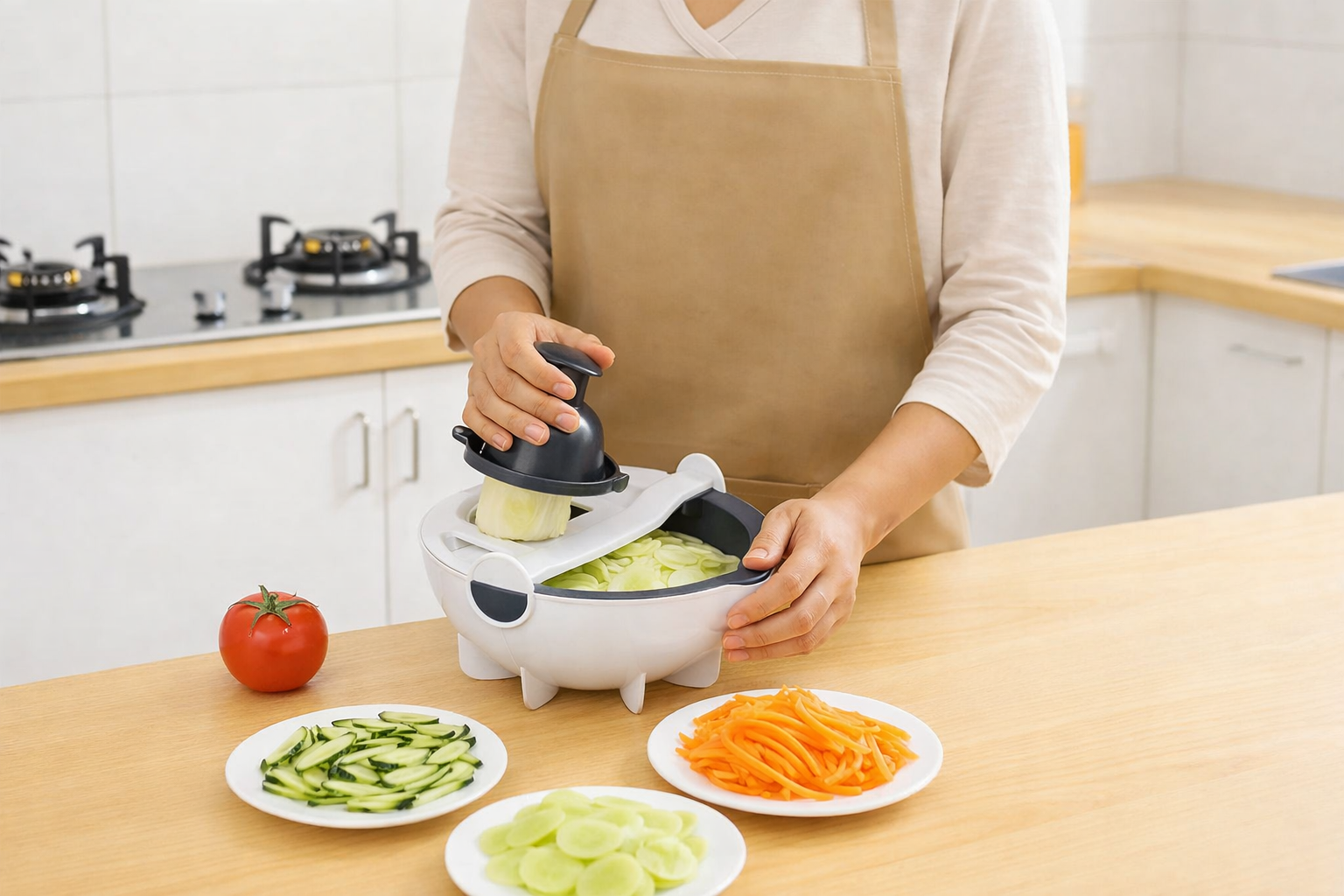 A person using a manual vegetable slicer in a modern kitchen, slicing cucumber, carrot, and green vegetables on a wooden countertop with neatly arranged plates.