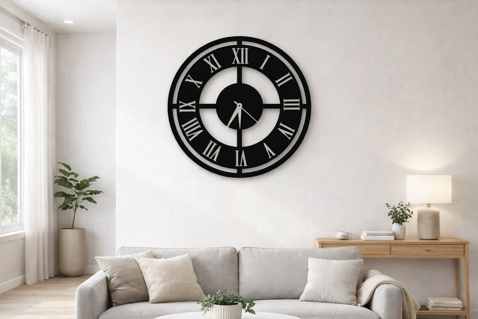 A black circular wall clock with Roman numerals hanging on a living room wall above a wooden console table, styled in a modern and minimal interior.