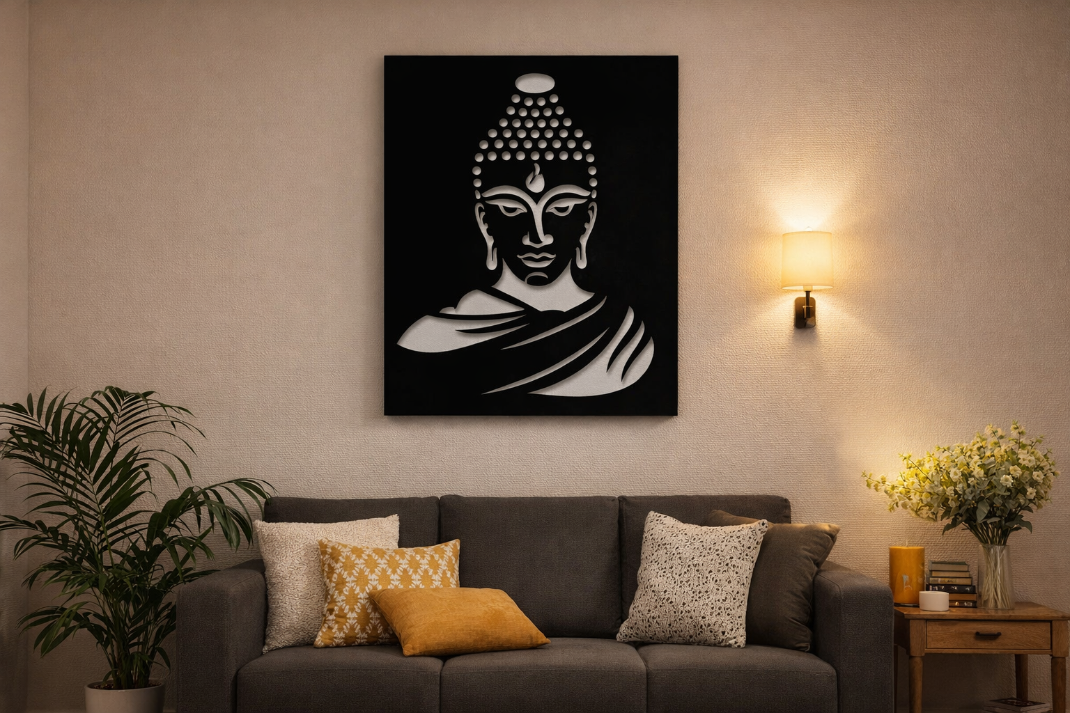 A black rectangular Buddha wall art with a serene white Buddha face design hanging on a living room wall above a grey sofa, surrounded by indoor plants and modern home decor.