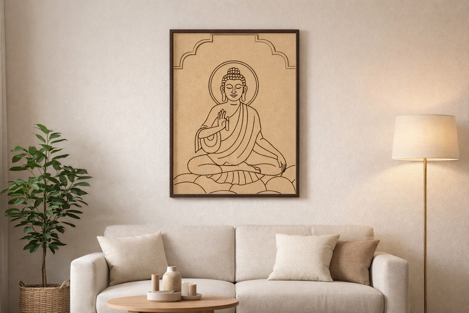 Wall art painting of Buddha hung on a modern drawing room wall, displayed in a stylish frame with a calm and elegant interior background.
