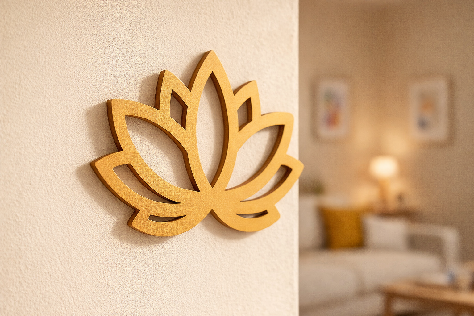 Golden lotus wall decor made of MDF wood mounted on a cream wall in a modern living room
