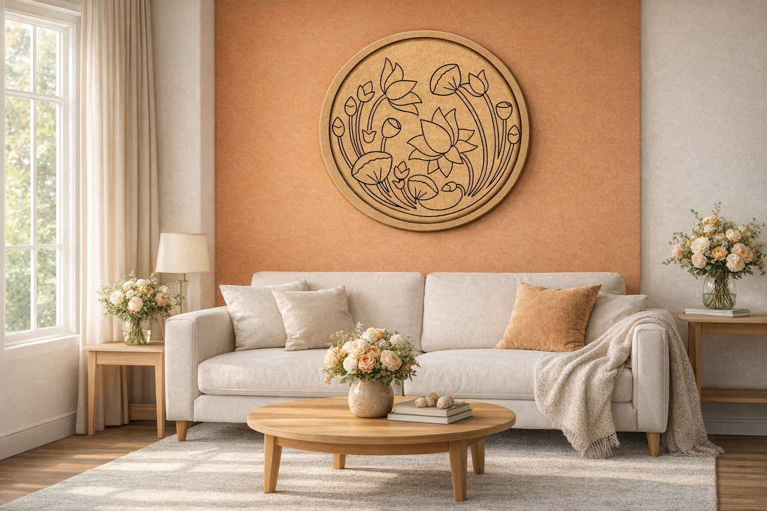 Lotus for Home Decor round MDF wall art hanging on an orange accent wall in a modern sunlit drawing room with sofa and flower tables.