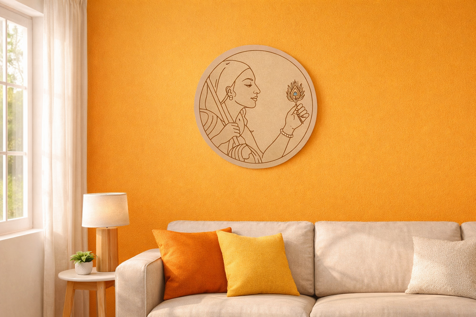 "Round wooden wall hanging with an artistic woman design displayed on a bright living room wall above a modern sofa with natural sunlight.