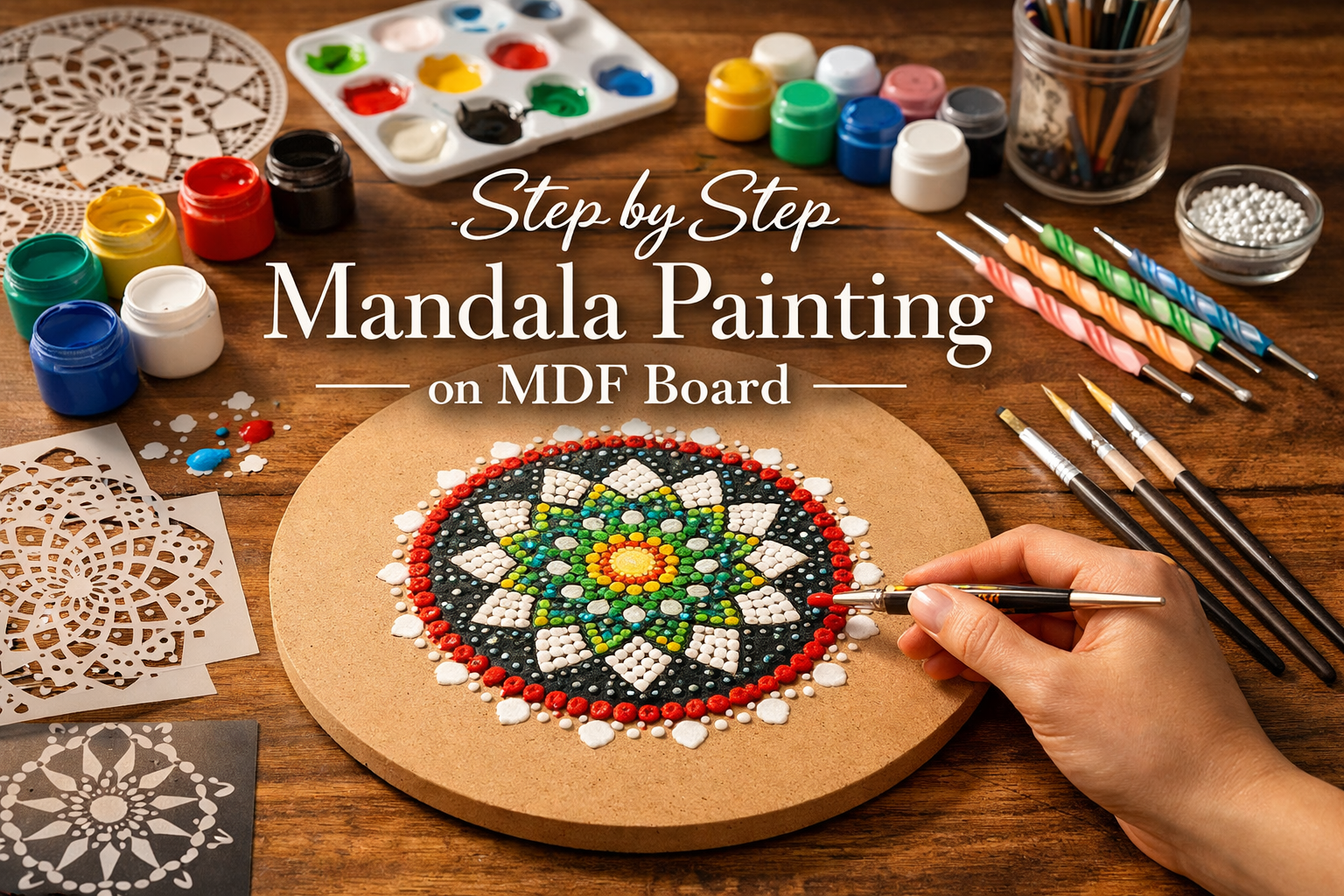 Step by step mandala painting on MDF board with colorful dot art design, acrylic paints, and DIY craft tools for beginner wall decor projects.