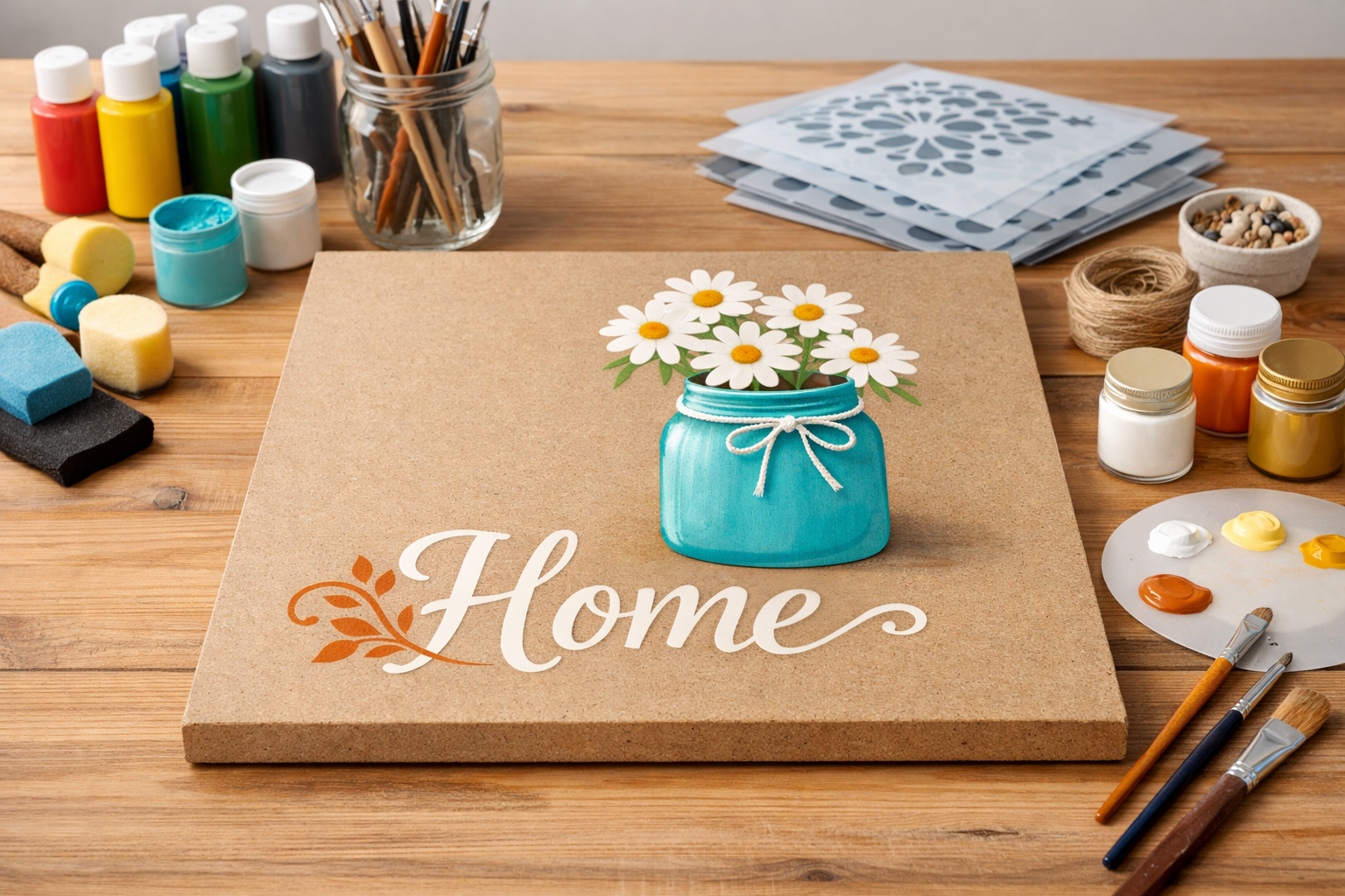 MDF board for DIY crafts placed on a creative workspace with paints, brushes, and art tools, showing a partially painted craft project ready for decoration