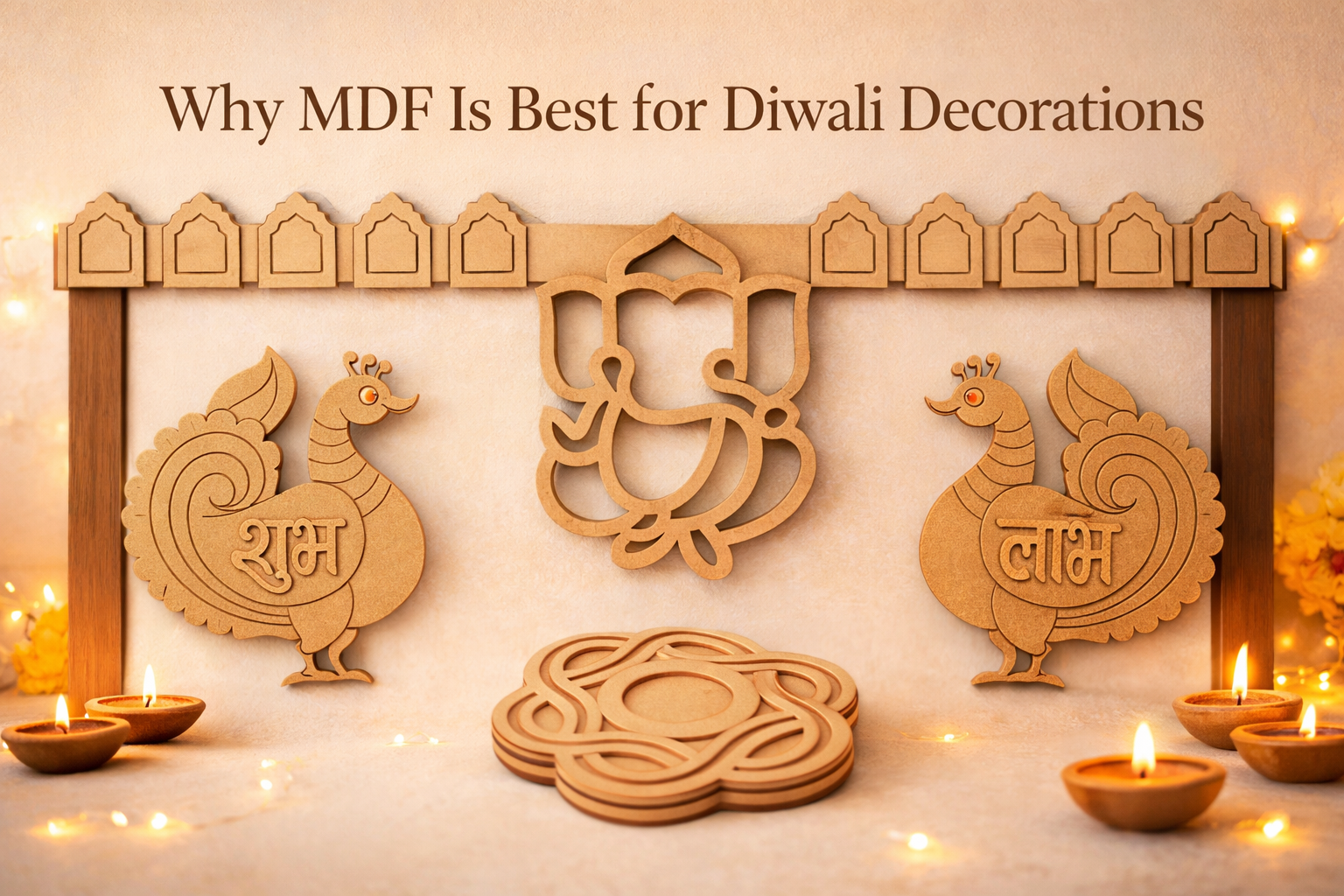 MDF Diwali decorations display featuring Ganesh wall art, diya lamps, and wooden festive cutouts with “Shubh” and “Labh” in Hindi, showcasing elegant MDF craft décor for Diwali