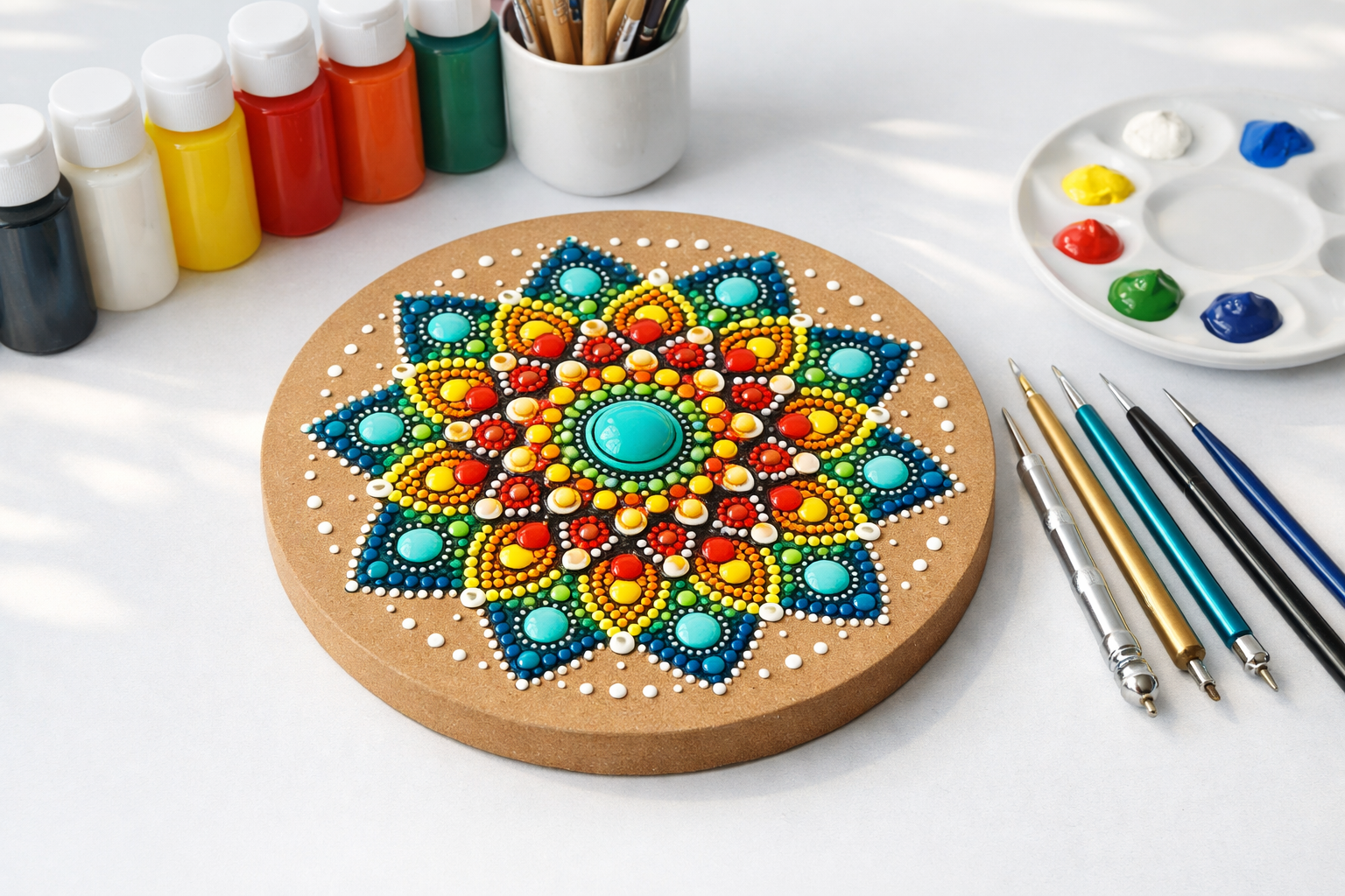 Round MDF base for mandala painting with a colorful partially completed mandala design on an artist workspace with paints and brushes