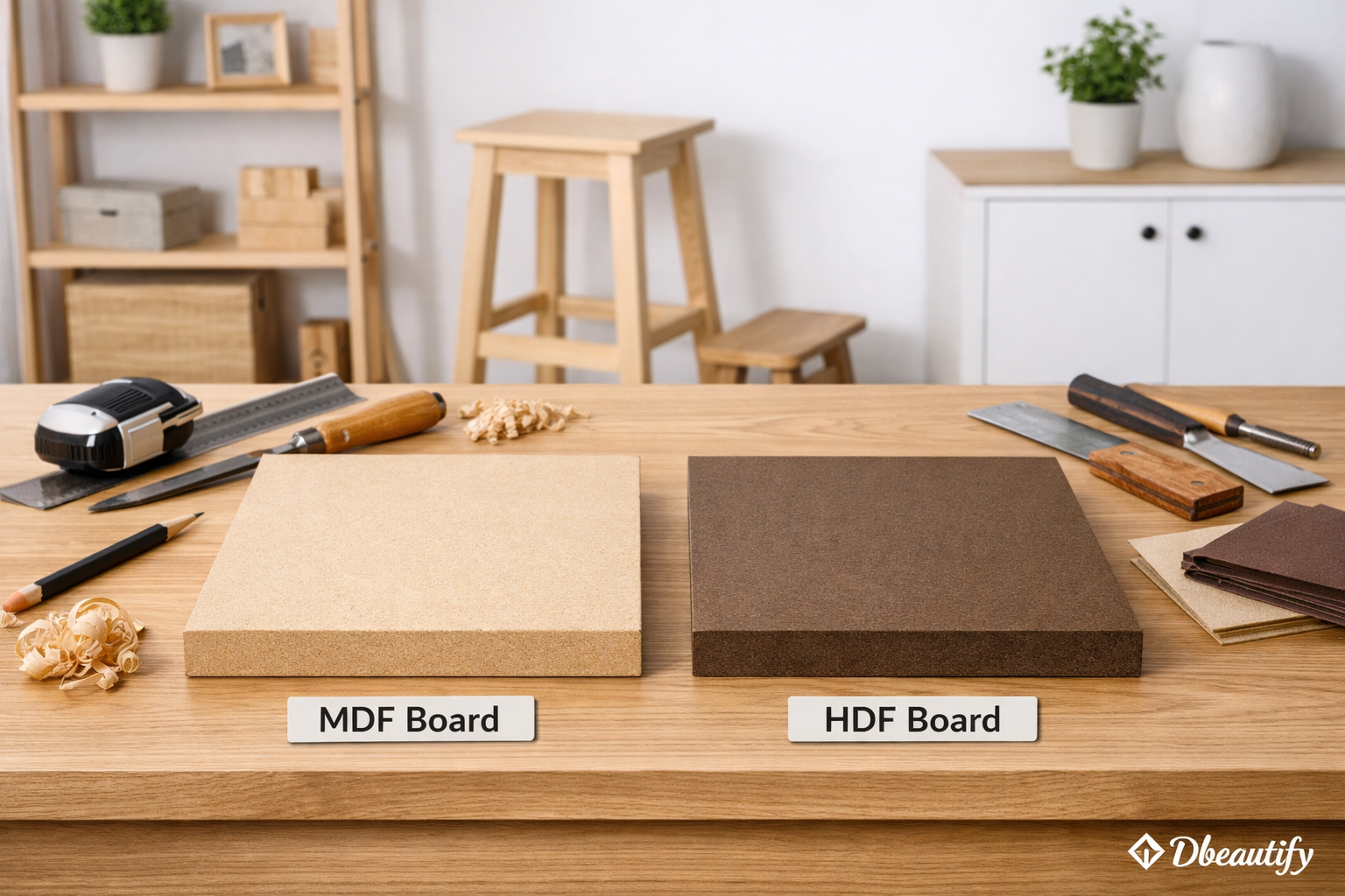 MDF board vs HDF board difference comparison showing two engineered wood boards side by side on a workspace table with woodworking tools and craft materials.
