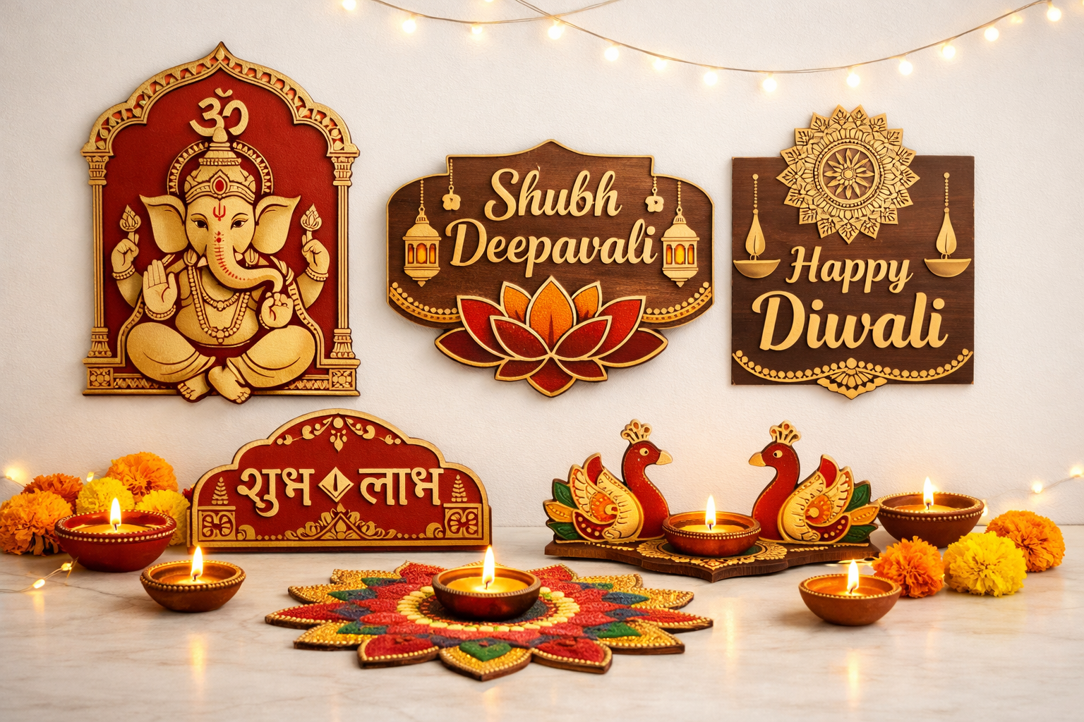 Buy Diwali MDF decor online India from Dbeautify featuring handmade MDF wall hangings, festive diya holders, and elegant Diwali decorations in a beautifully styled setup