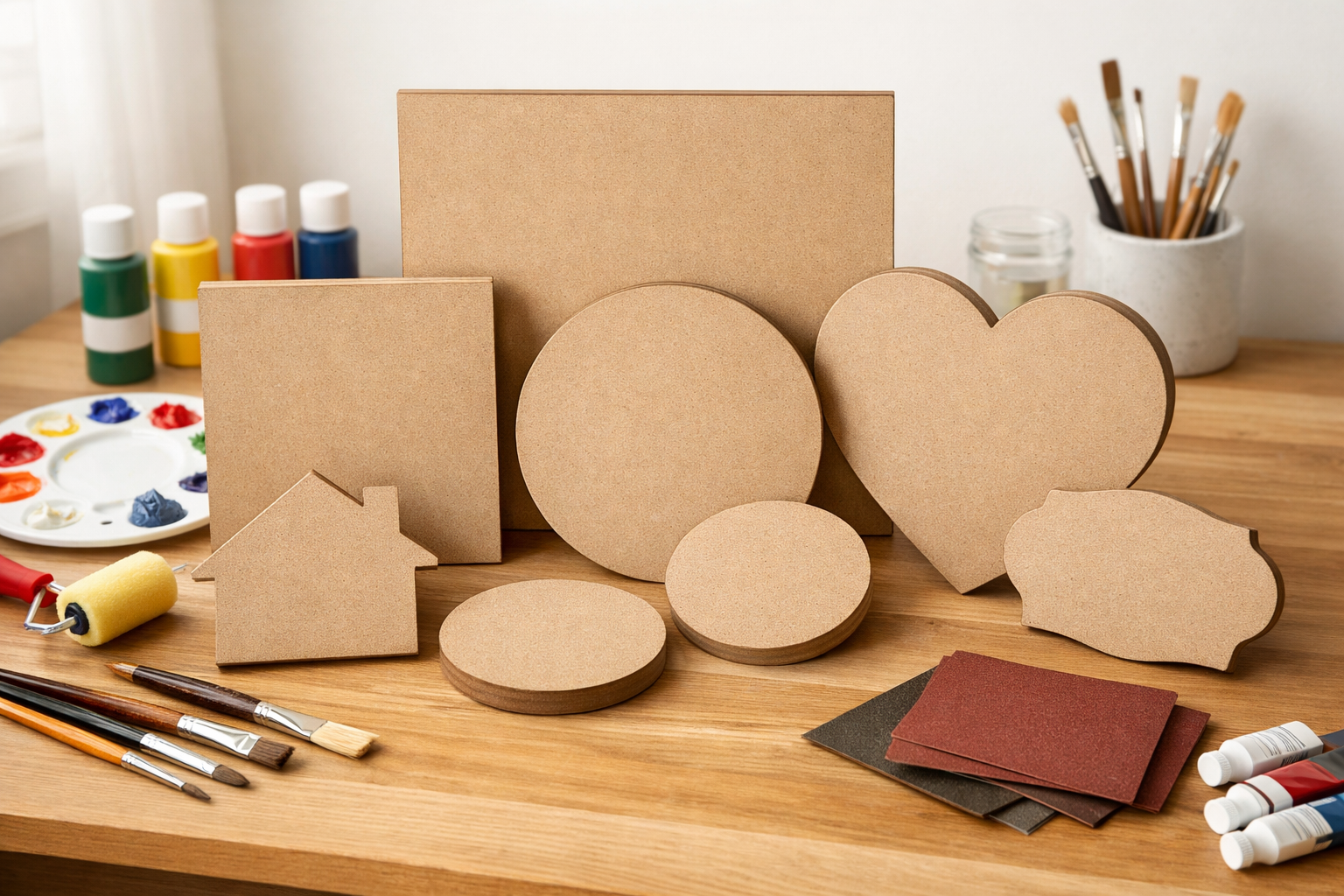 High-quality blank MDF boards for DIY art in multiple shapes and sizes displayed on a craft table with acrylic paints, brushes, and art supplies for creative home decor projects