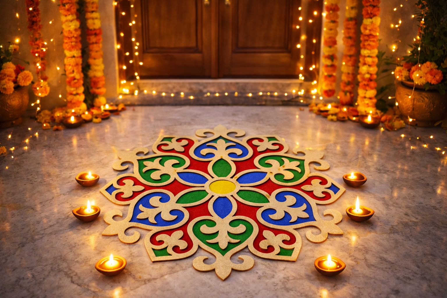 MDF rangoli base for floor decor placed outside main door, decorated for Diwali with diyas and marigold garlands at home entrance.