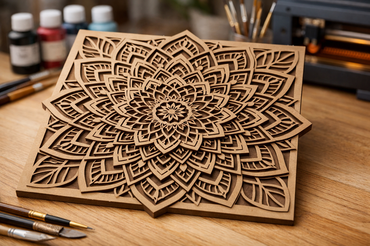 Intricately detailed laser cut MDF mandala design with smooth precision edges placed on a craft table, showcasing fine craftsmanship for detailed craft projects by Dbeautify.