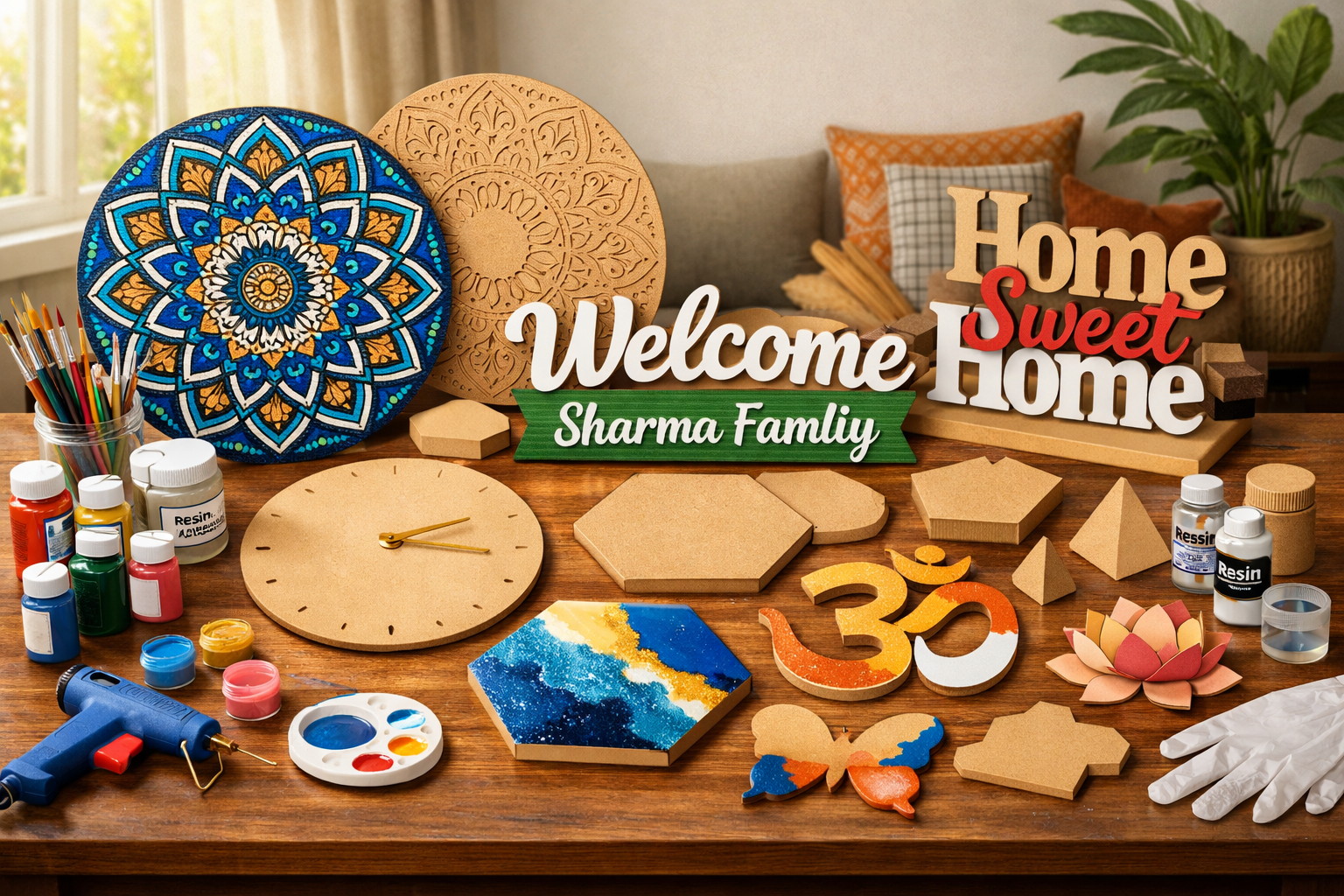 Best website to buy MDF craft bases online in India for DIY crafts showcasing high-quality MDF boards, mandala cutouts, and DIY art supplies in a creative workspace setting