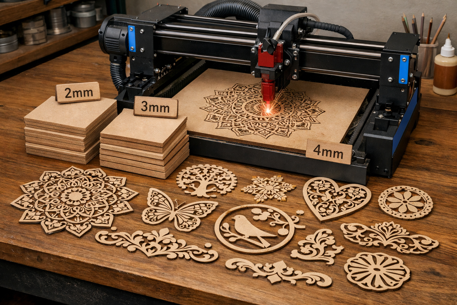 Laser cutting machine cutting MDF craft shapes with different MDF thickness boards like 2mm, 3mm, and 4mm displayed for laser cutting craft projects.