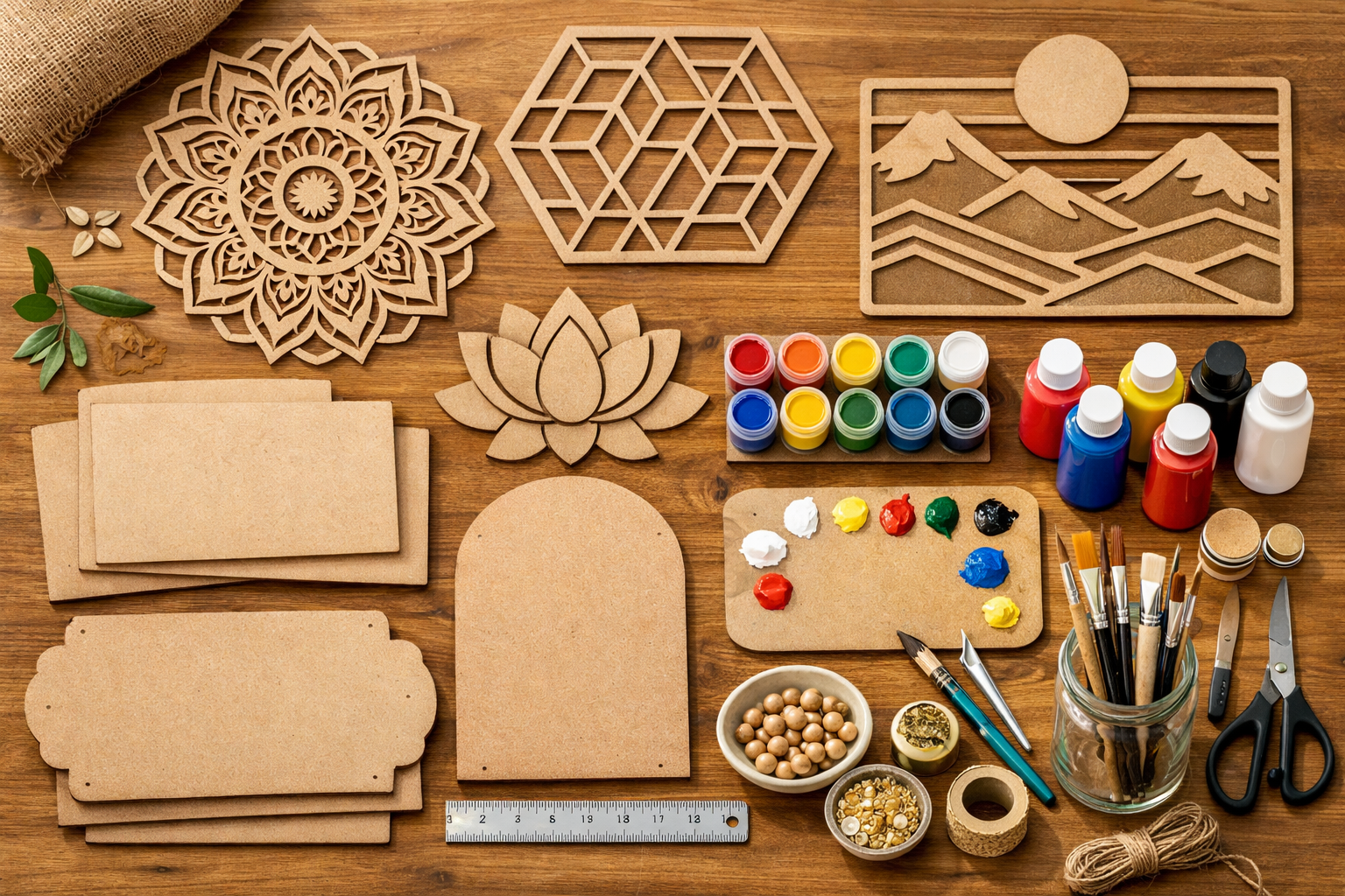 “Laser cut MDF craft bases for DIY wall decor with paint brushes and acrylic colors on a creative workspace in India.”