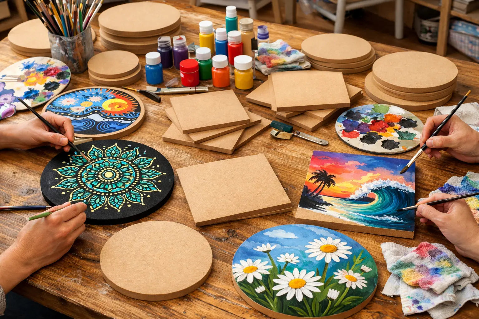 Artists painting on bulk MDF bases for art workshops with acrylic colors and brushes on a craft table.