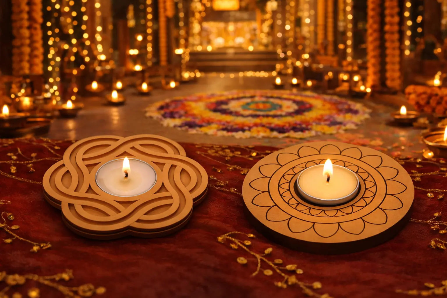 Affordable MDF Diwali candle holder placed in a decorated festive hall