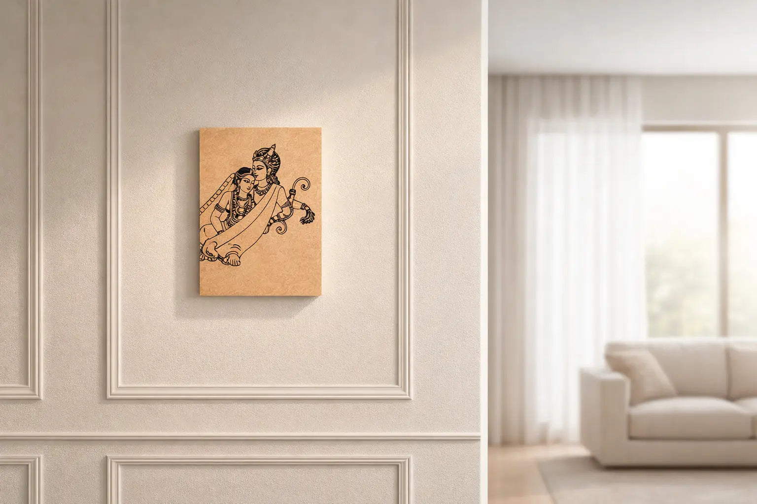 Kalamkari painting on MDF board wall art with Radha Krishna design in a modern drawing room setting