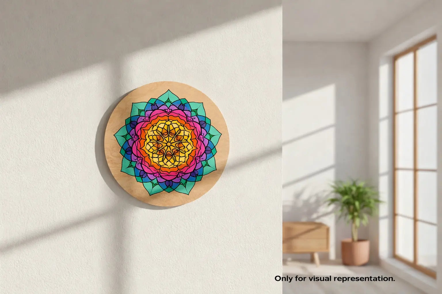 Intricate mandala painting with symmetrical geometric patterns and vibrant colors on a detailed circular design.