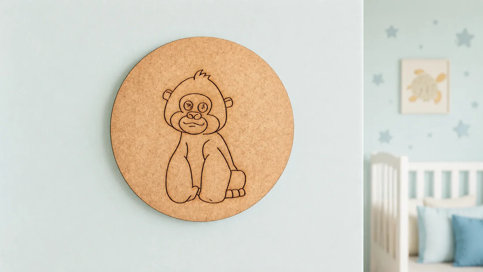 Round pre-marked MDF monkey painting base for DIY kids' crafts.