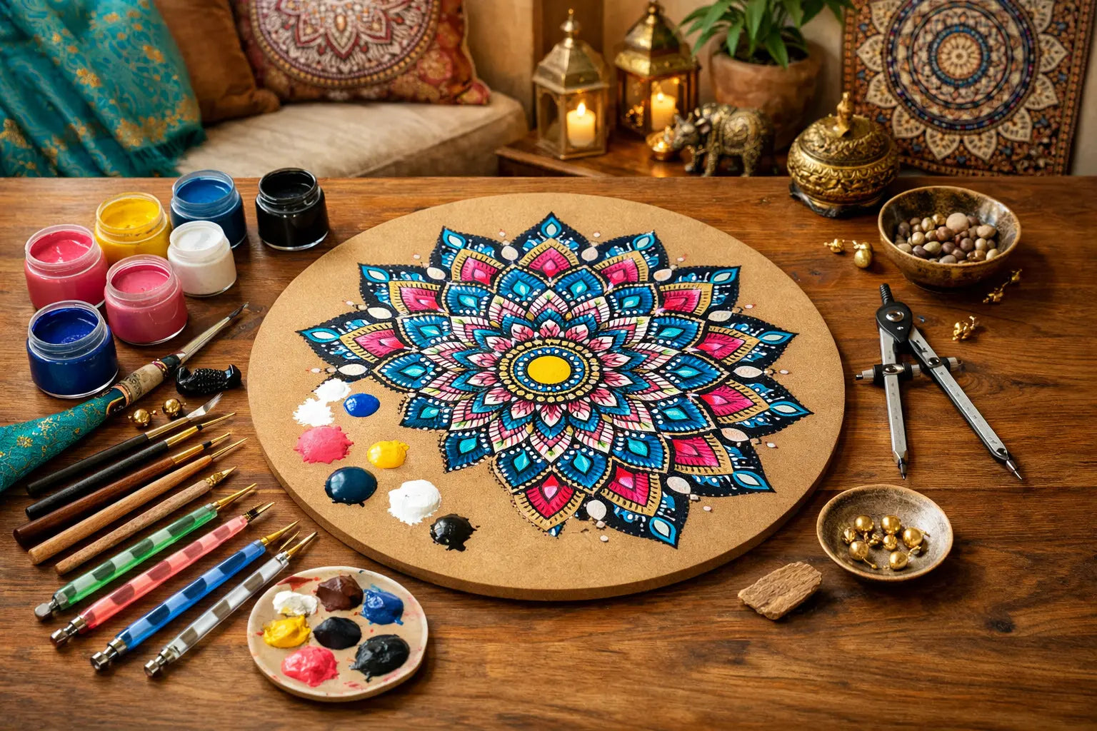 DIY mandala painting guide for home decor on MDF board