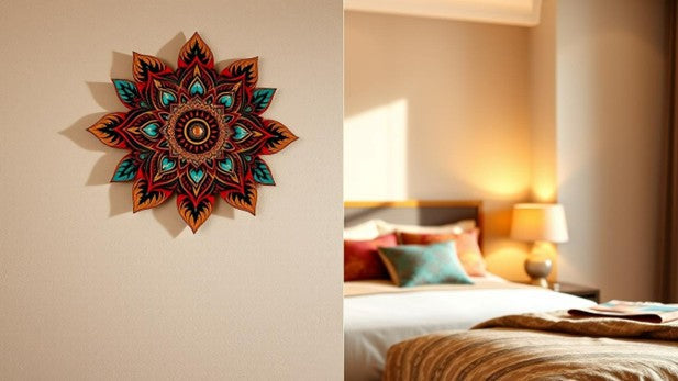 Colorful mandala wooden wall art mounted on a bedroom wall, adding a vibrant decorative accent beside a cozy, well-lit bed.
