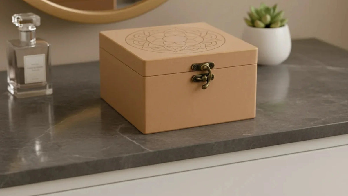 Unpainted MDF jewellery box with engraved lid and antique clasp.